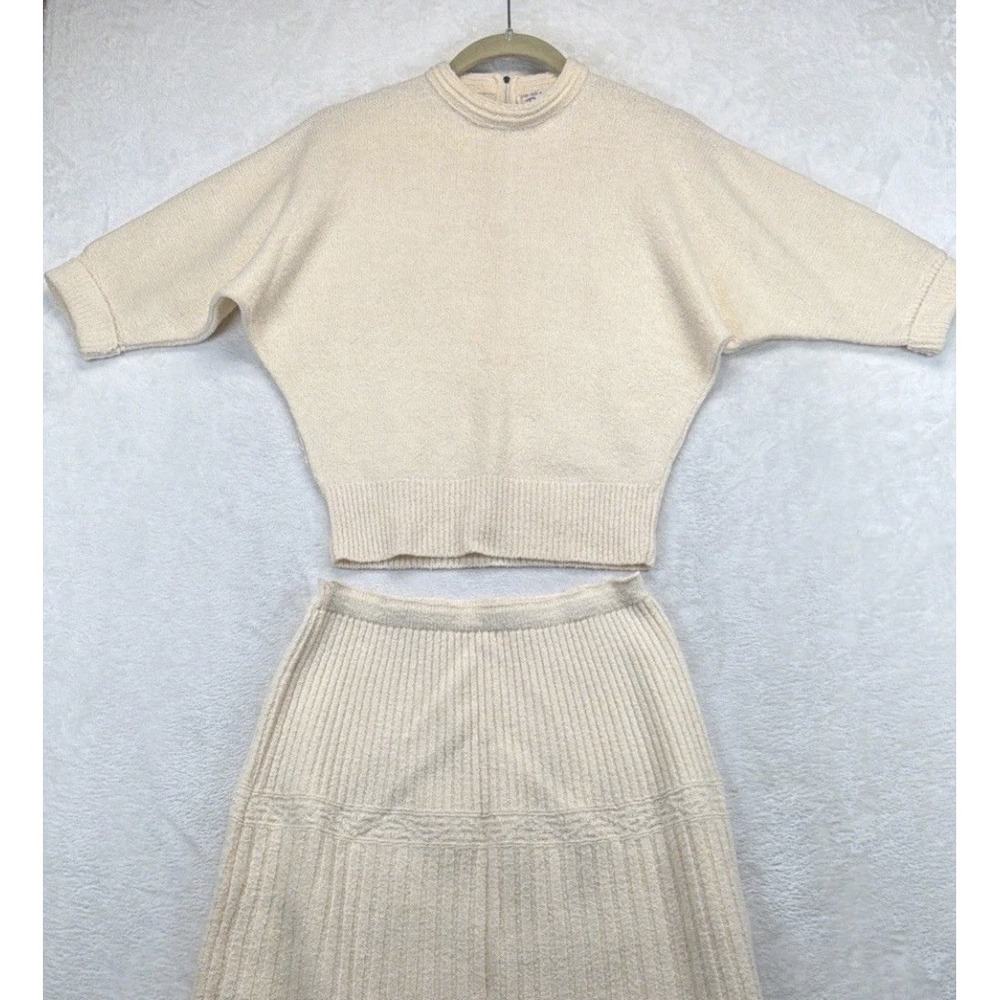 Vintage 1950s Bradley Knitwear Wool Sweater Skirt Set Ivory 2 Piece Rockabilly